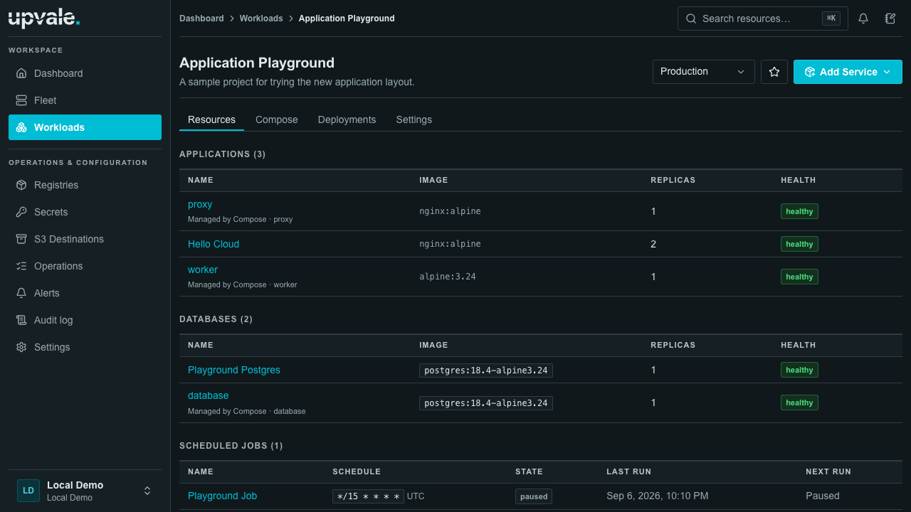 Upvale in dark mode showing the Application Playground project, its applications, databases and scheduled job, with the workspace navigation sidebar.