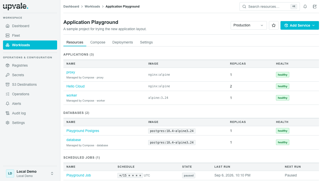 Upvale showing the Application Playground project, its applications, databases and scheduled job, with the workspace navigation sidebar.